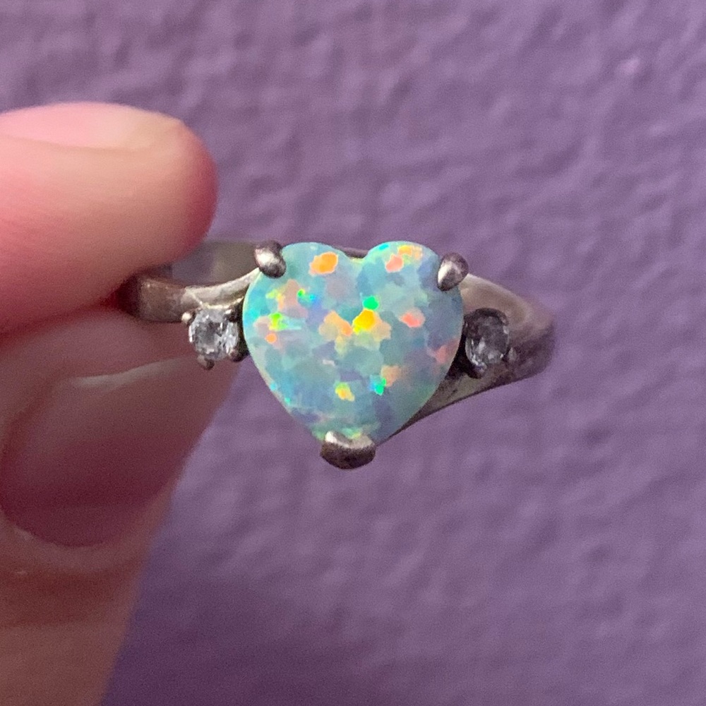 Silver opal heart ring size 8